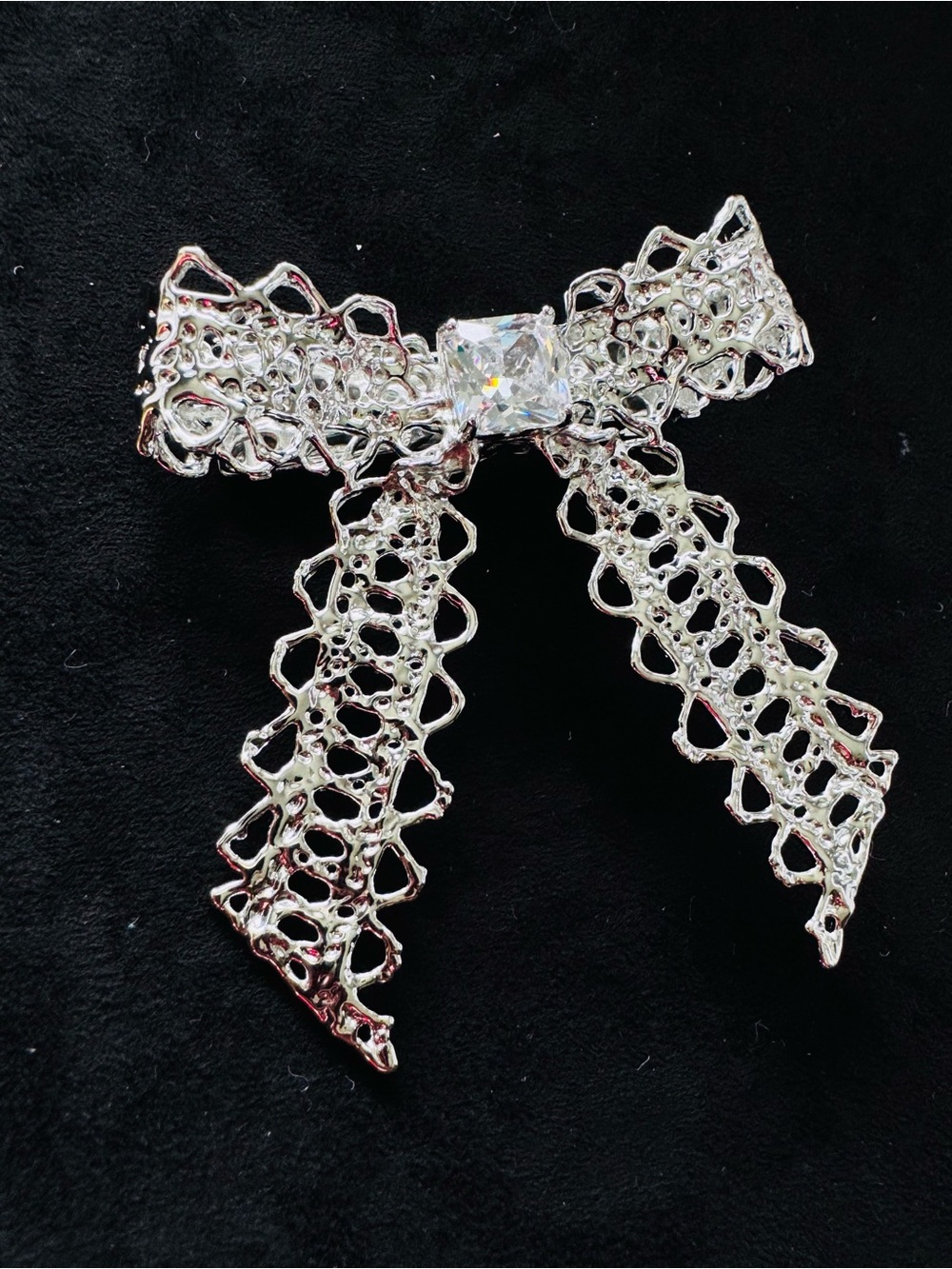 Silver Bow Hair Clip with Clear Crystal Accent